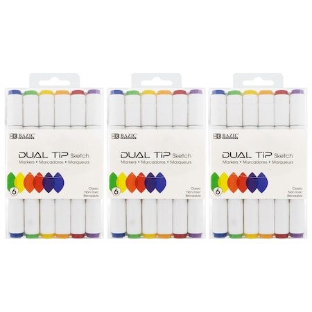 Bazic Products Dual Tip Sketch Markers, 6 Primary Colors, 18PK 1229